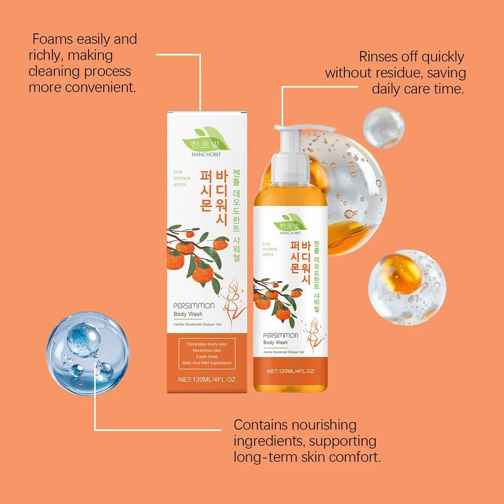 Persimmon Moisturizing Body Wash 120ml – Natural Deodorant Shower Gel for Odor Control & Soft Skin