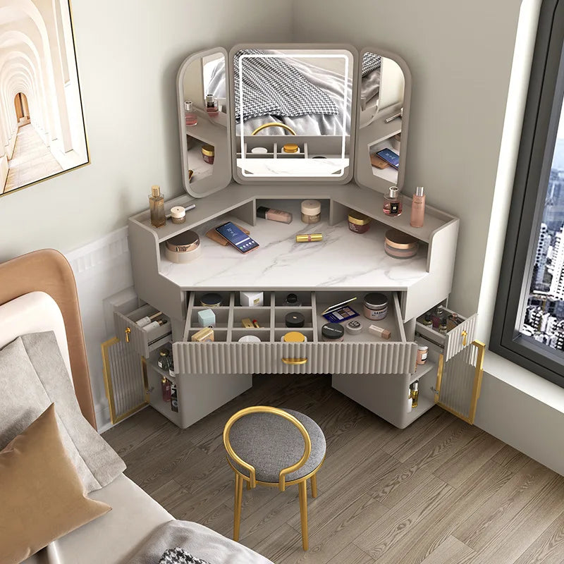 Luxury Solid Wood Corner Dressing Table with Mirror and Stool – Modern Minimalist Bedroom Furniture