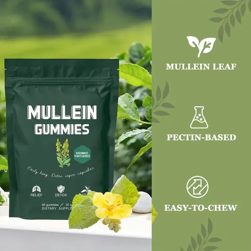 2 Bag Mullein Gummies for Lung Detox 2000mg Mullein Leaf Extract 60 Gummies per Bag Respiratory Digestive Immune Support