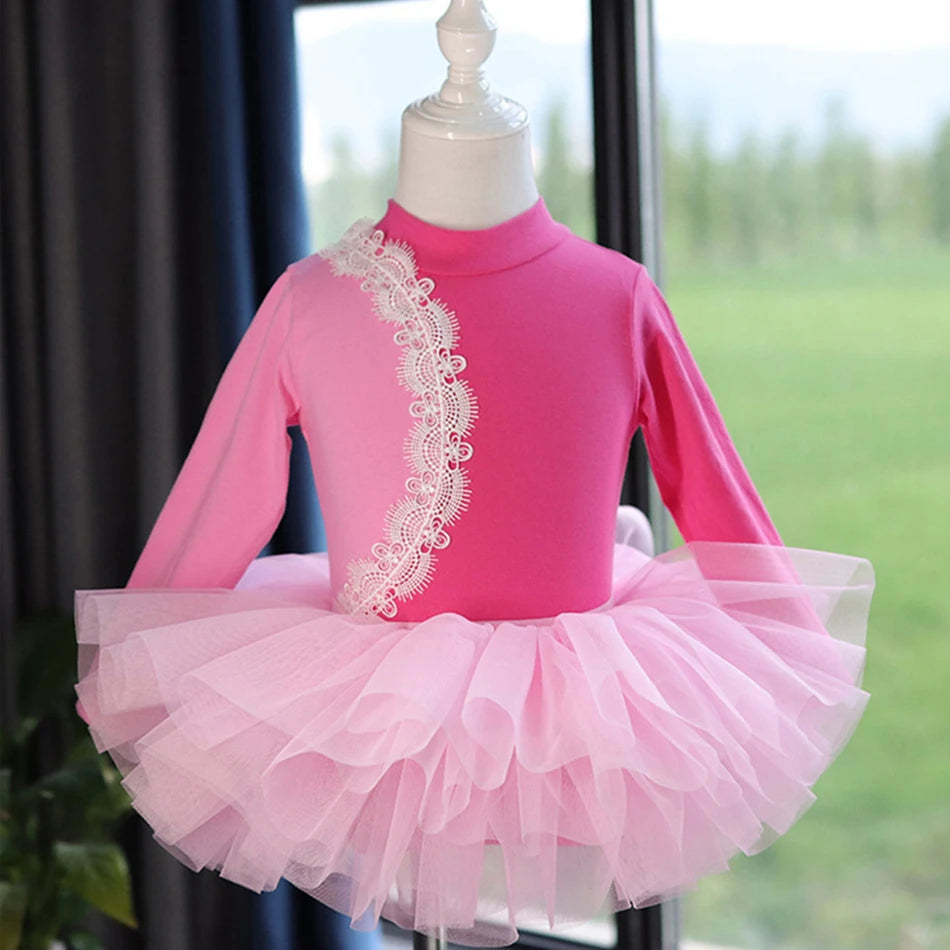 Girls Long Sleeve Ballet Dress Kids Ballet Leotard Tutu Skirt Gymnastics Dance Costume
