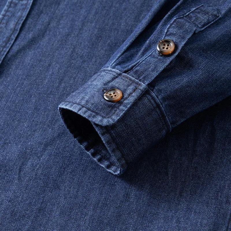 Men’s Casual Cargo Denim Shirt – Heavyweight Vintage Button-Down Workwear Shirt