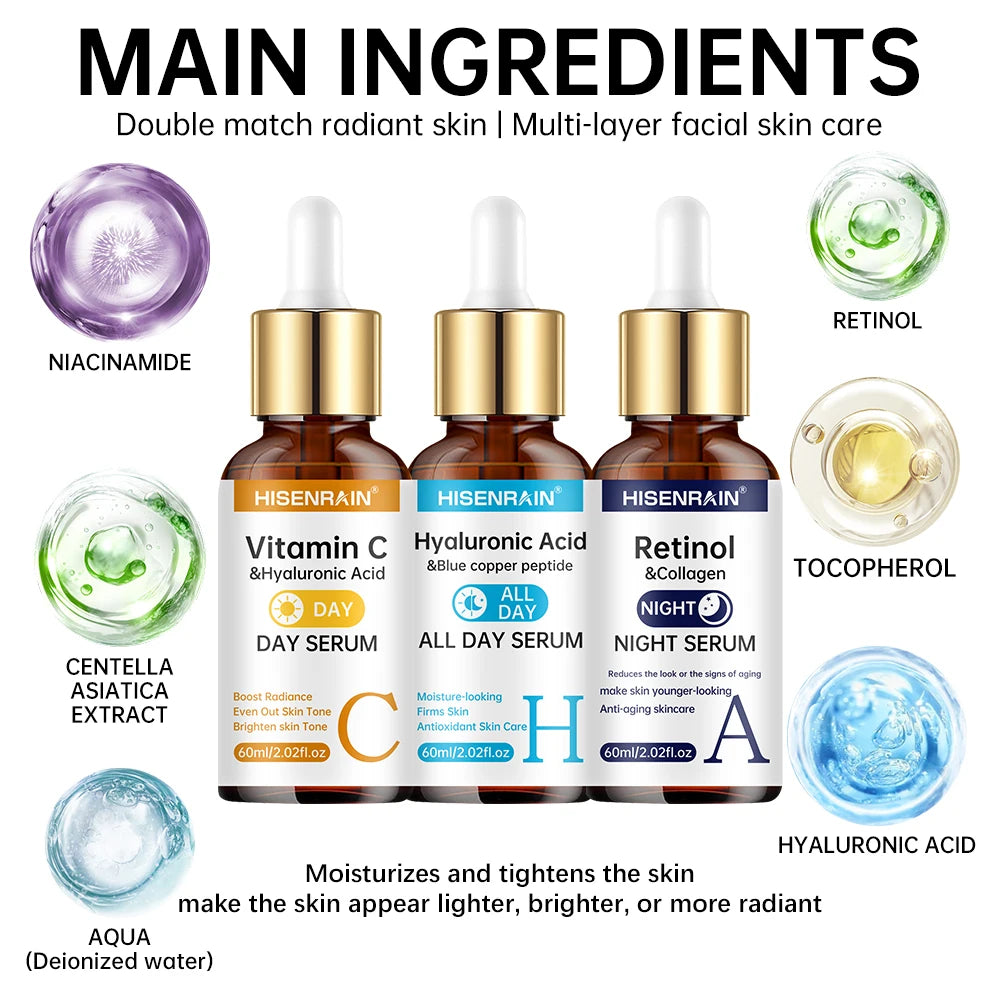 HISENRAIN Vitamin C Retinol Hyaluronic Acid Serum Duo Anti Aging Brightening Hydration Combo
