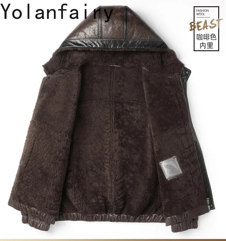 Men’s Natural Sheepskin Leather Jacket with Real Fur Hood – Winter Wool Lined Fur Coat