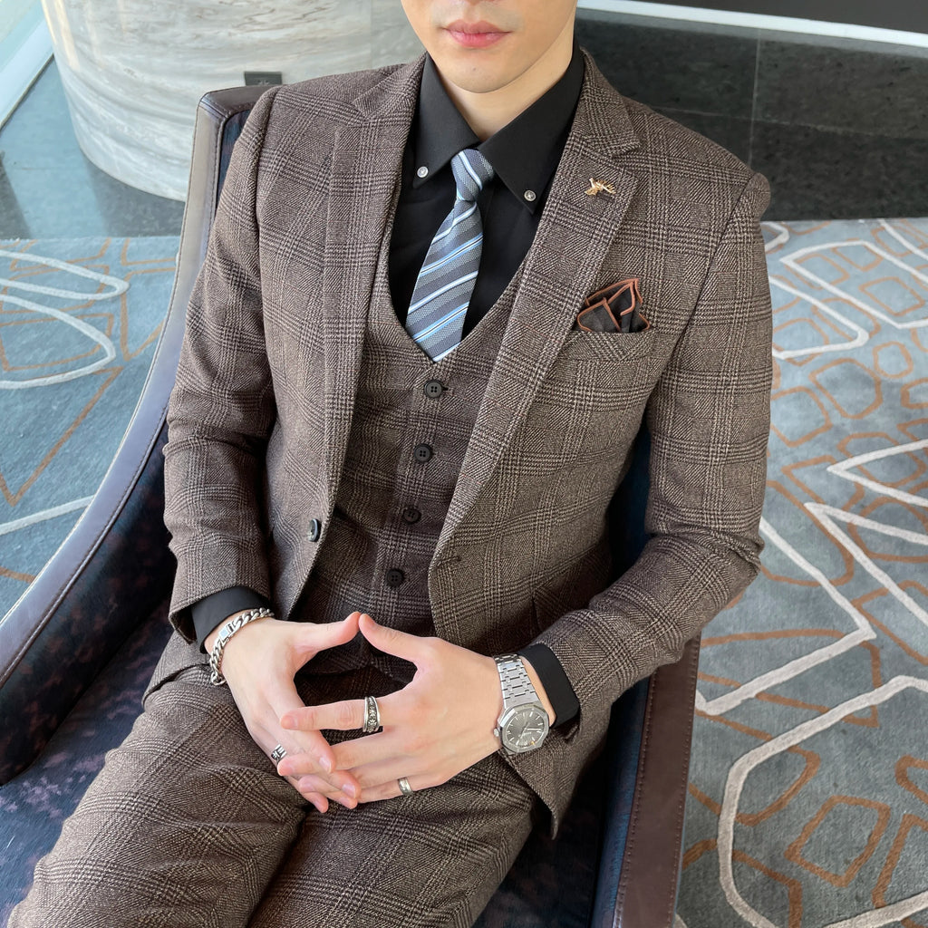 Men’s Modified Plaid Three-Piece Suit – Slim Fit England Style Vest & Trousers Set