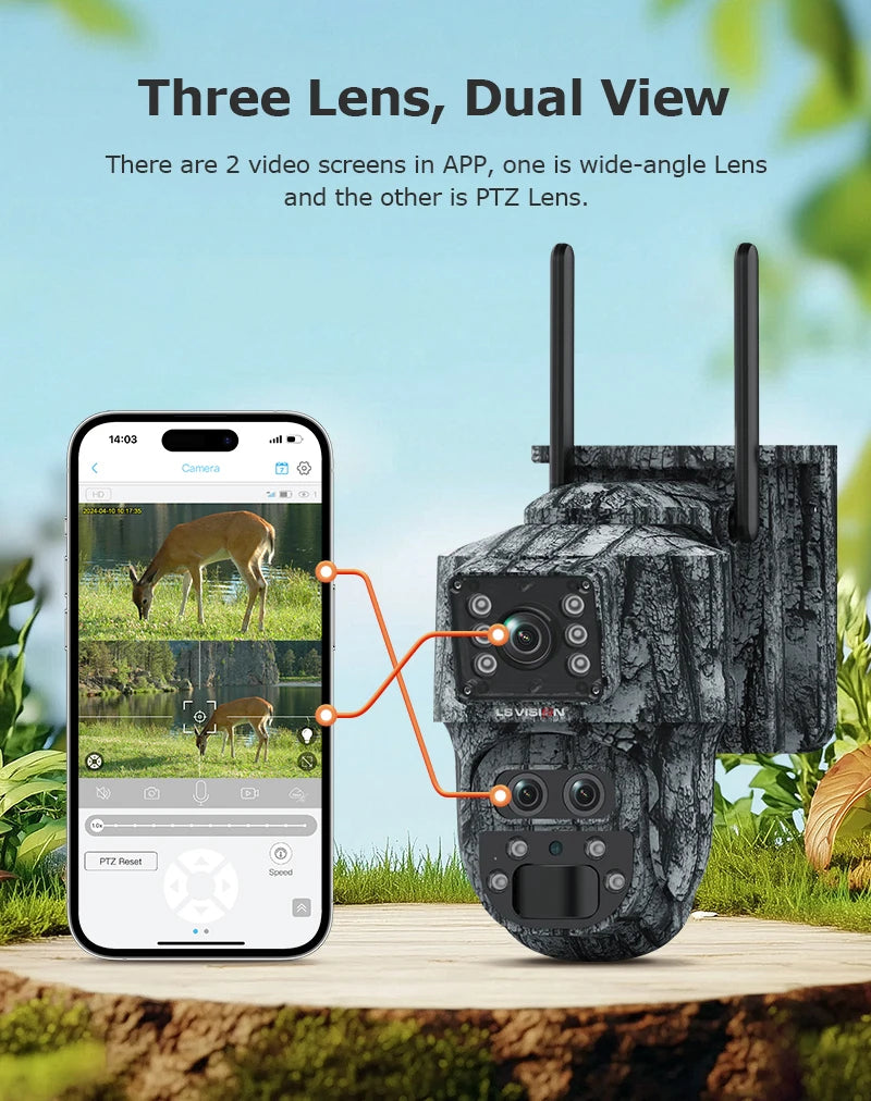 LS VISION 12MP 6K Solar Camera 15X Zoom 4G/WiFi Triple Lens Night Vision PTZ Trail Camera