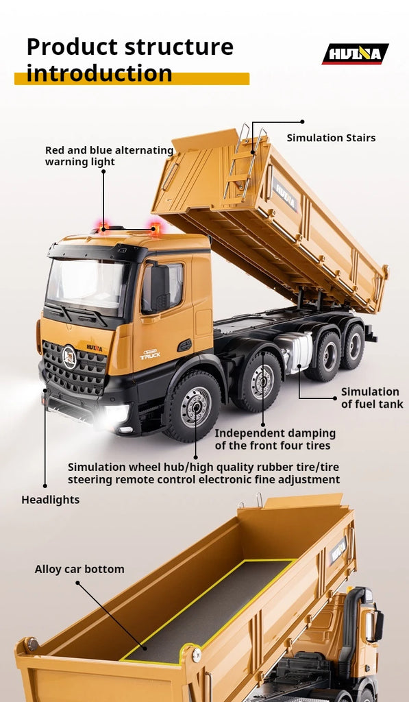 536 12-Channel 1:14 Alloy Remote Control 8-Wheel Heavy-Duty Engineering Dump Truck Toy with Lights