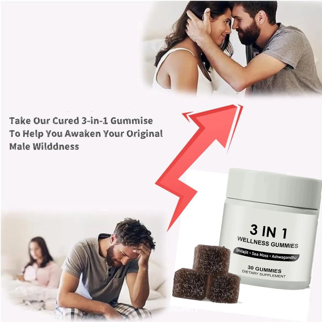 3-in-1 Wellness Gummies – Shilajit, Sea Moss & Ashwagandha | 30 Gummies Dietary Supplement