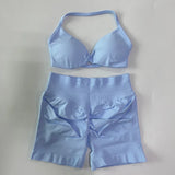 Women’s 2-Piece Seamless Gym Set – Strappy Yoga Bra & High-Waist Scrunch Shorts Workout Suit thumbnail 44