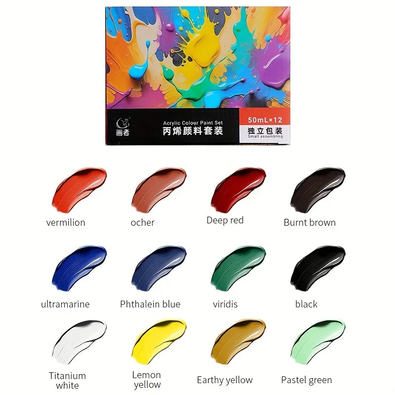 12/18/24 Colors Acrylic Paint Set – 50ml Each, Rich Pigments for Canvas, Wood, Porcelain & DIY Art