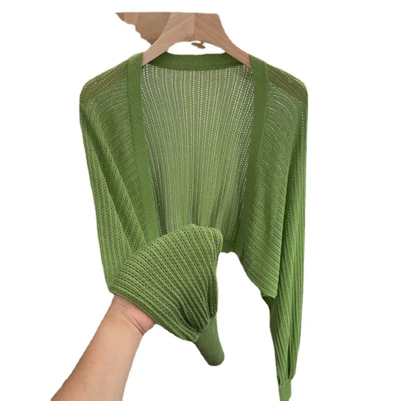 Lantern Sleeve Ice Silk Knitted Cardigan for Women – Summer Thin Loose Fit Outerwear with Slip Dress Sun Protection
