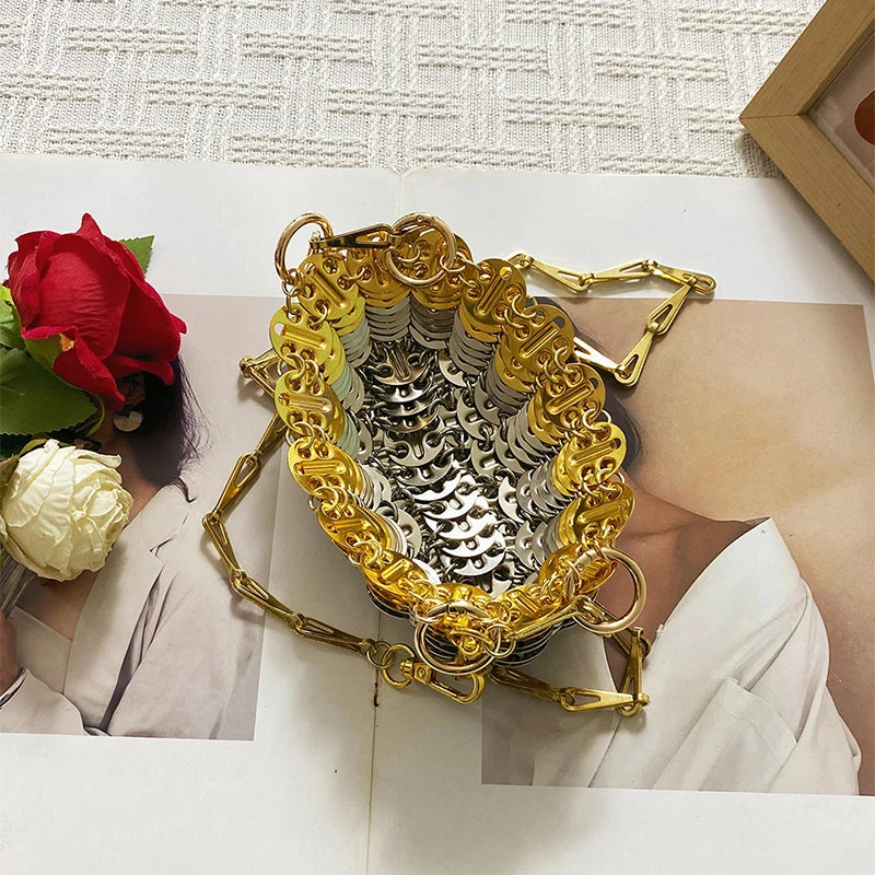 Silver Shiny Hand Woven Bead Sequin Crossbody Bag with Long Shoulder Strap for Women