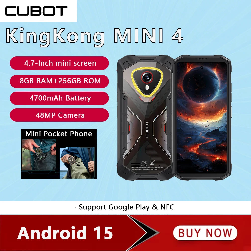 Cubot KingKong MINI 4 Rugged Smartphone 4.7" Android 15, Up to 20GB RAM + 256GB ROM, 48MP Camera, 4700mAh, NFC, IP68/IP69K, Mini Cellphone