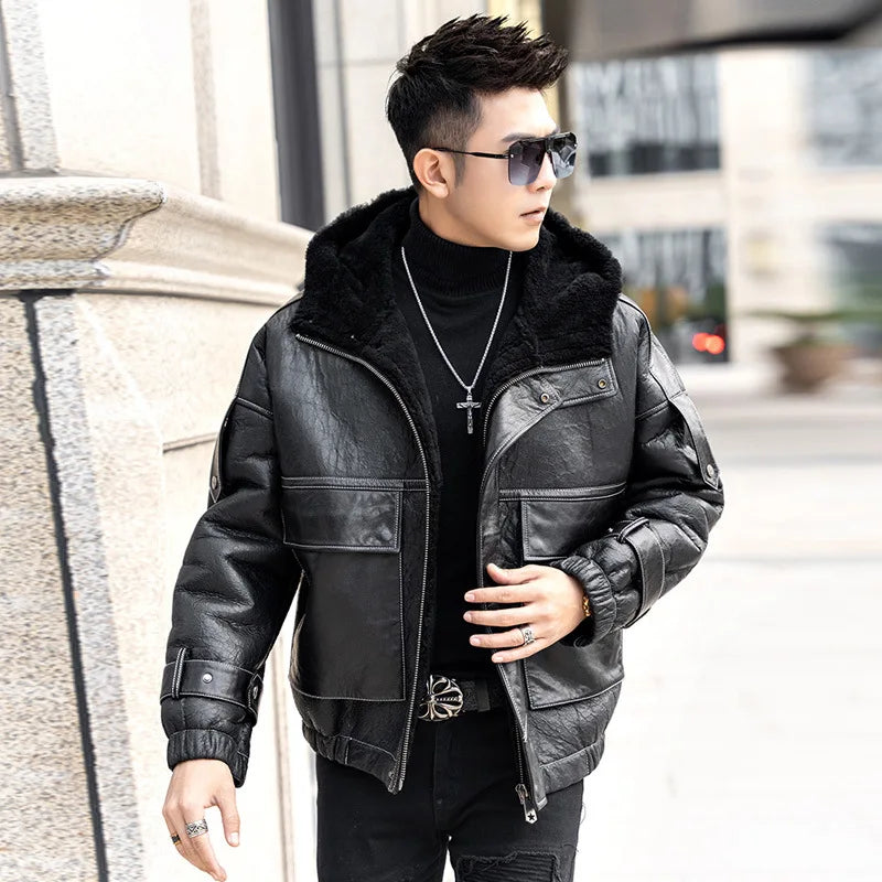 Men’s Natural Sheepskin Leather Jacket with Real Fur Hood – Winter Wool Lined Fur Coat