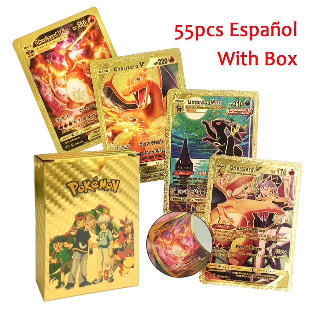 Pokemon VMAX & GX Gold Foil Flash Cards – Pikachu, Charizard, Multilingual Game Battle Collection