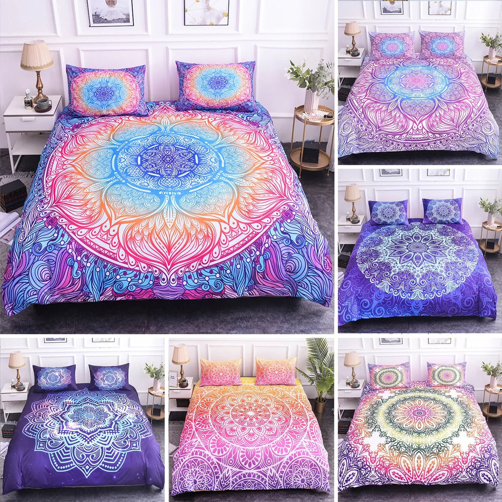 Mandala Lotus Flower Duvet Cover Set King Size Blue Purple Pink Bohemian 3D Print Bedding