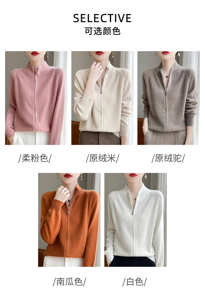 100% Wool Women’s Zipper Turtleneck Sweater – Casual Loose Knit Cardigan for Autumn/Winter