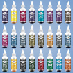 Set of 24 ink bottles in various colors with labels on a blue background