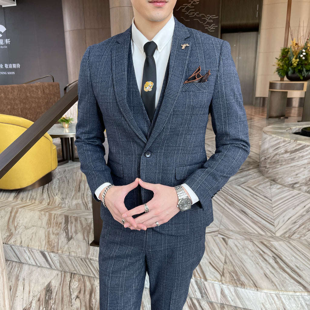 Men’s Modified Plaid Three-Piece Suit – Slim Fit England Style Vest & Trousers Set