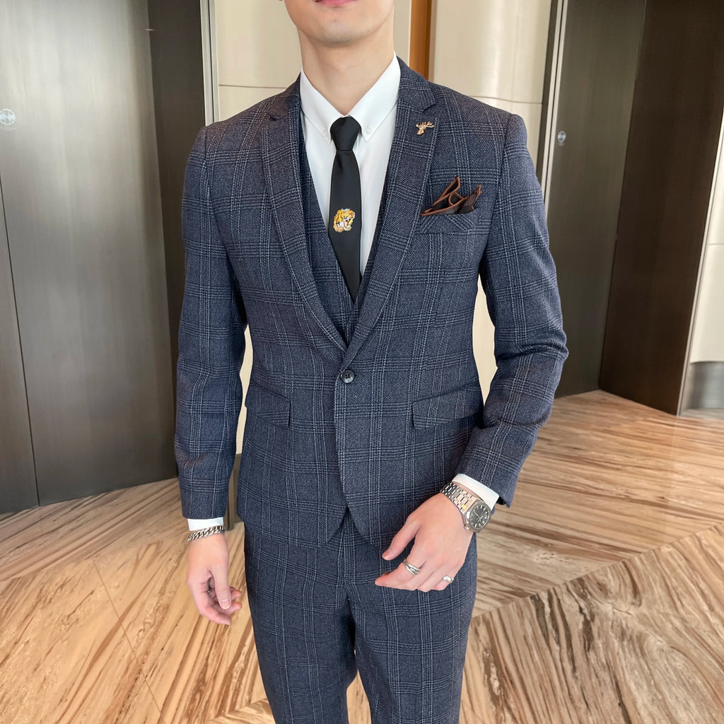 Men’s Modified Plaid Three-Piece Suit – Slim Fit England Style Vest & Trousers Set