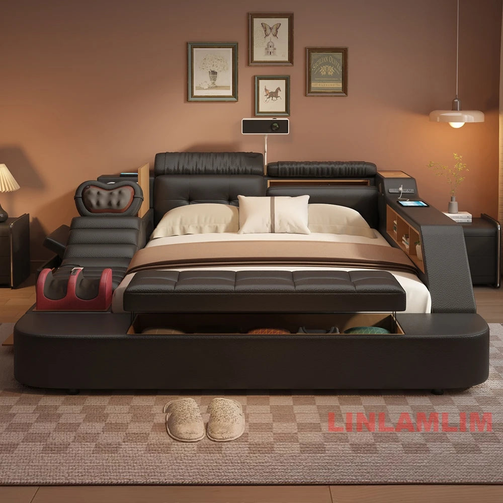 Luxury Smart Multifunctional Upholstered Bed with Massage, Bluetooth Speakers, Projector, USB & Storage – Modern King Size Tech Bed