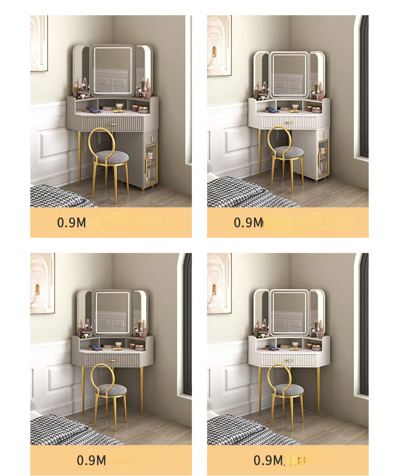 Luxury Solid Wood Corner Dressing Table with Mirror and Stool – Modern Minimalist Bedroom Furniture