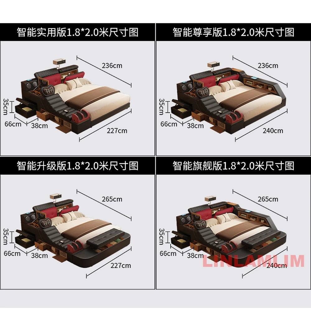 Luxury Smart Multifunctional Upholstered Bed with Massage, Bluetooth Speakers, Projector, USB & Storage – Modern King Size Tech Bed