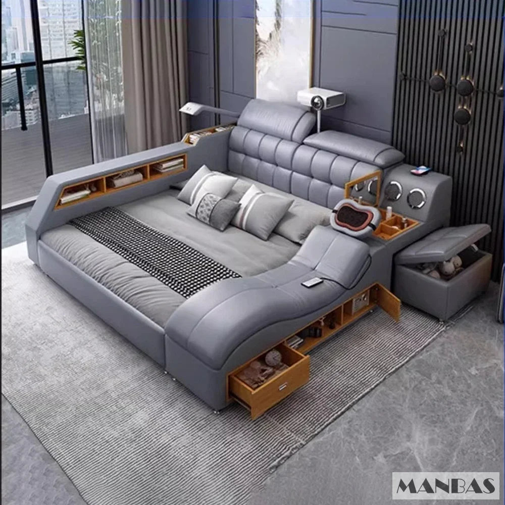 MANBAS Luxury King Size Genuine Leather Smart Bed with Massage, Storage, USB & Projector