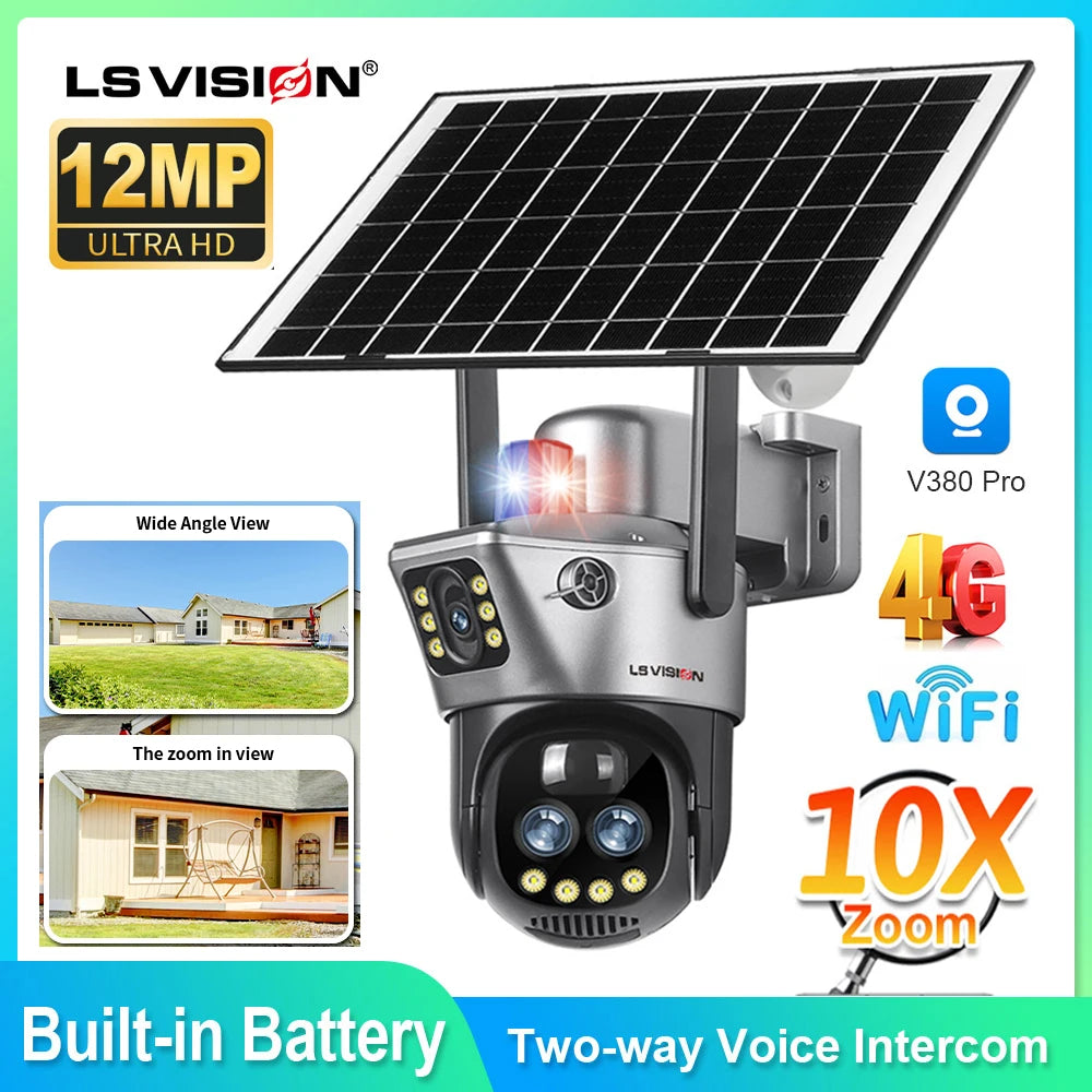 LS VISION Dual Screen Solar Camera 10X Zoom Outdoor WIFI/4G PTZ CCTV with Light Alarm