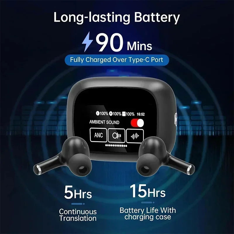 AI Language Translator Earbuds with Screen – 144 Languages | Real-Time Translation, Noise Cancelling, Waterproof Bluetooth Earphones