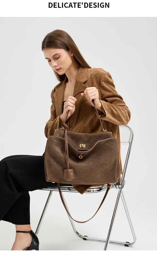 Women’s Genuine Suede Leather Large Capacity Shoulder Tote Bag Luxury Casual Handbag