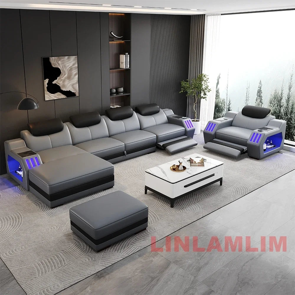 Modern L-Shaped Leather Sectional Sofa Bed with Adjustable Headrests, LED Lights, Storage & USB Ports