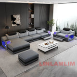 Modern L-Shaped Leather Sectional Sofa Bed with Adjustable Headrests, LED Lights, Storage & USB Ports thumbnail 22