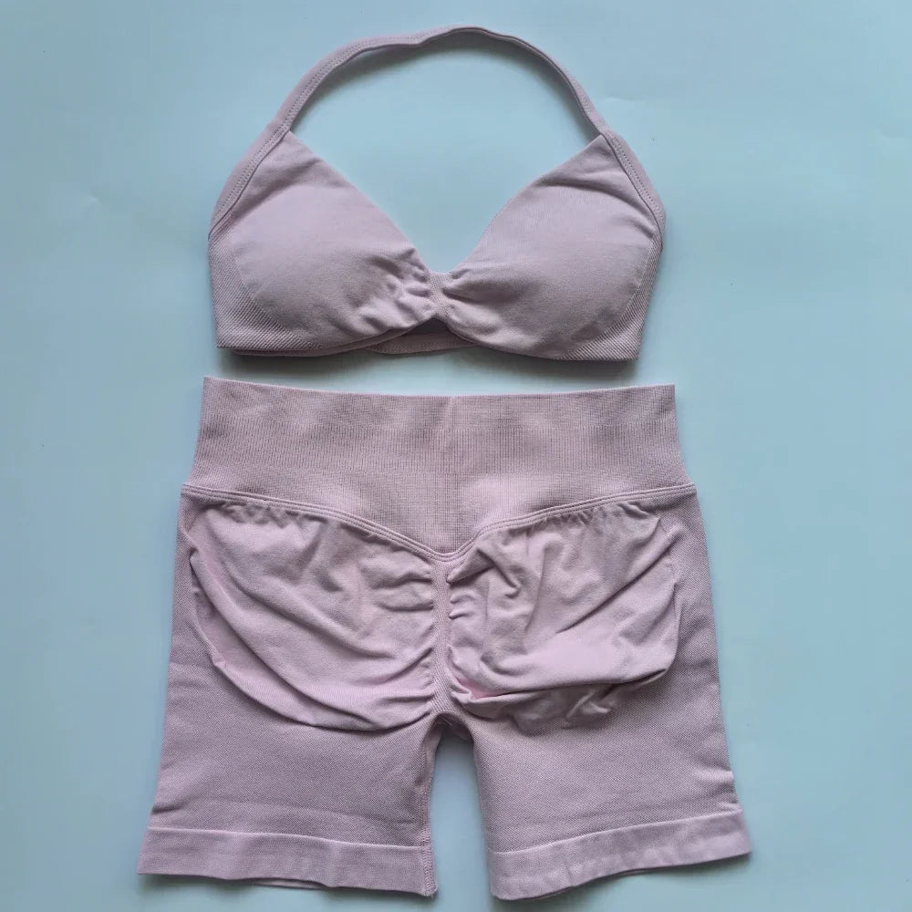 Women’s 2-Piece Seamless Gym Set – Strappy Yoga Bra & High-Waist Scrunch Shorts Workout Suit
