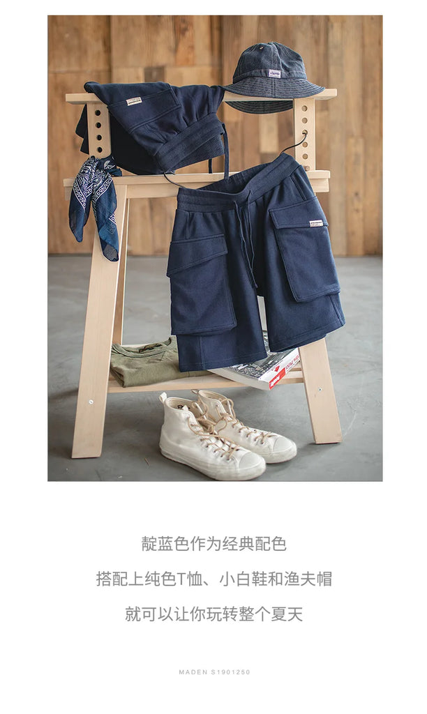 Maden Men’s Japanese P44 Knitted Cargo Shorts with Large Pockets – Summer Amekaji Workwear Shorts