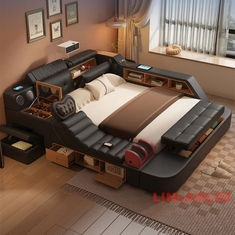 Luxury Smart Multifunctional Upholstered Bed with Massage, Bluetooth Speakers, Projector, USB & Storage – Modern King Size Tech Bed