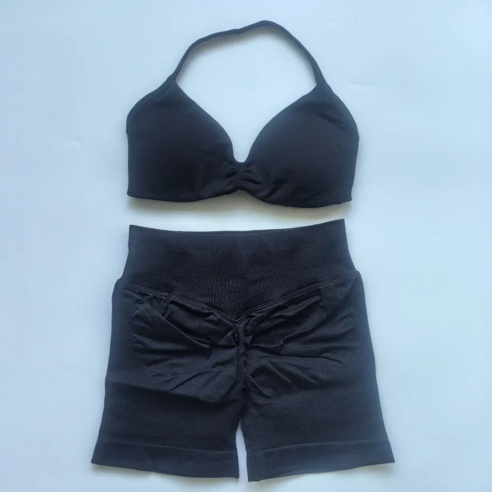 Women’s 2-Piece Seamless Gym Set – Strappy Yoga Bra & High-Waist Scrunch Shorts Workout Suit