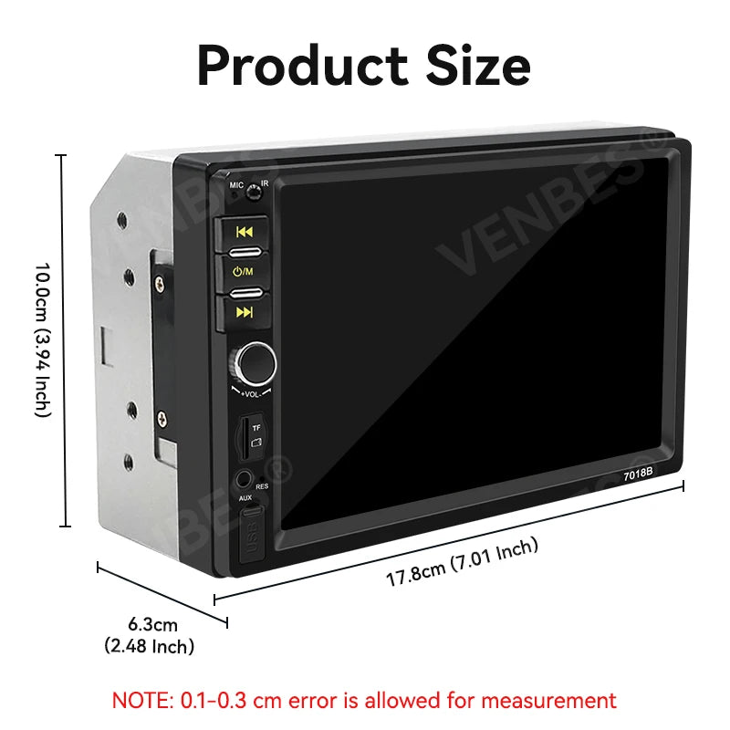 VENBES 7-Inch CarPlay Android Auto 2-DIN Car Stereo with Touchscreen, Bluetooth, USB, FM – Universal Fit