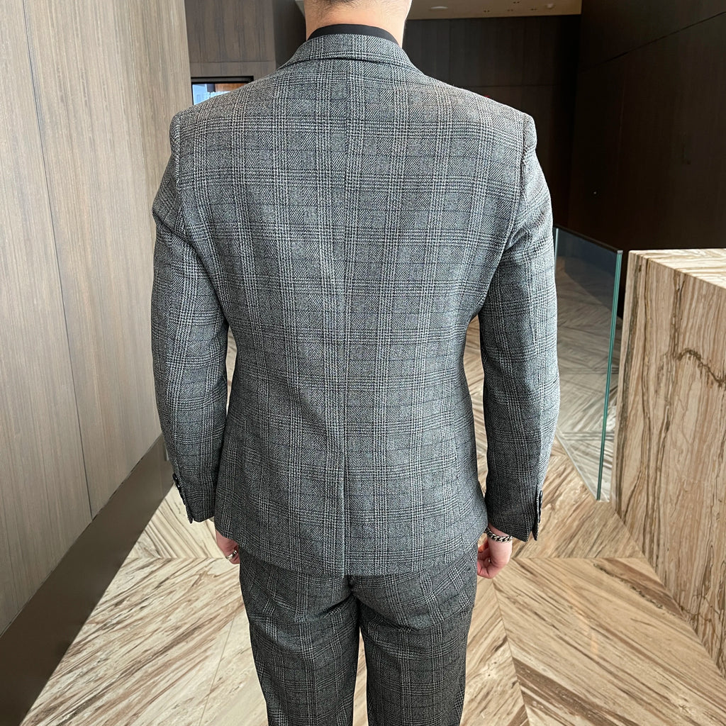 Men’s Modified Plaid Three-Piece Suit – Slim Fit England Style Vest & Trousers Set