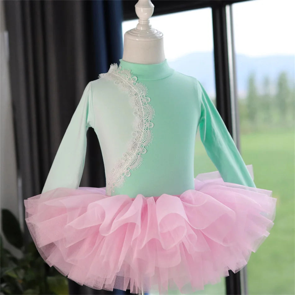 Girls Long Sleeve Ballet Dress Kids Ballet Leotard Tutu Skirt Gymnastics Dance Costume