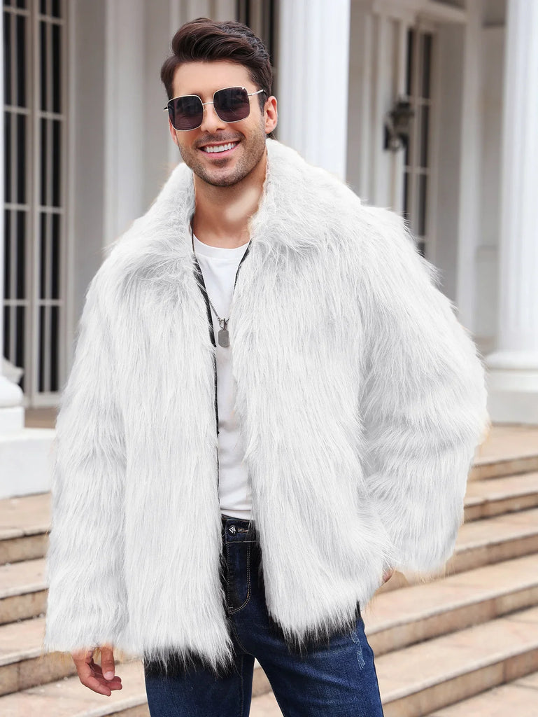 Men’s Faux Fox Fur Jacket Coat – Thick Shaggy Winter Outerwear