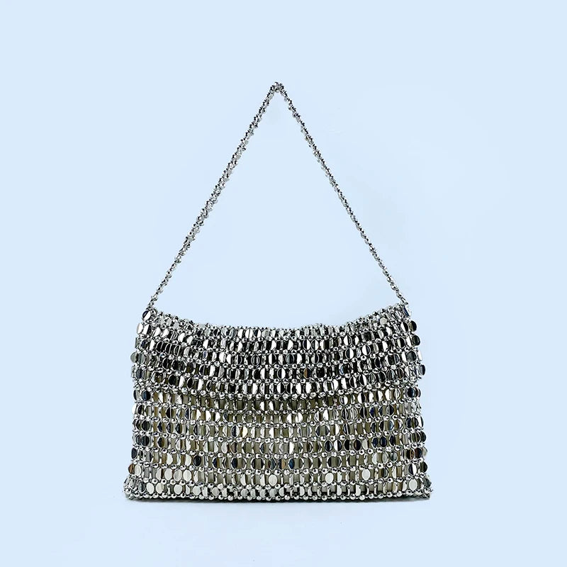 Retro Silver Sequin Metal Handwoven Shoulder Bag – High-End Women’s Square Handbag