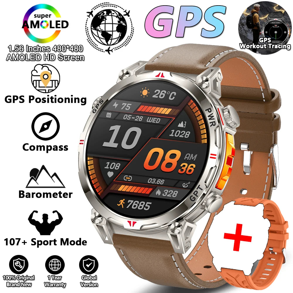 Outdoor Sports Smartwatch for Men – GPS, 1.56-inch AMOLED, 5ATM Waterproof, 650mAh Battery, Compass & HD Call