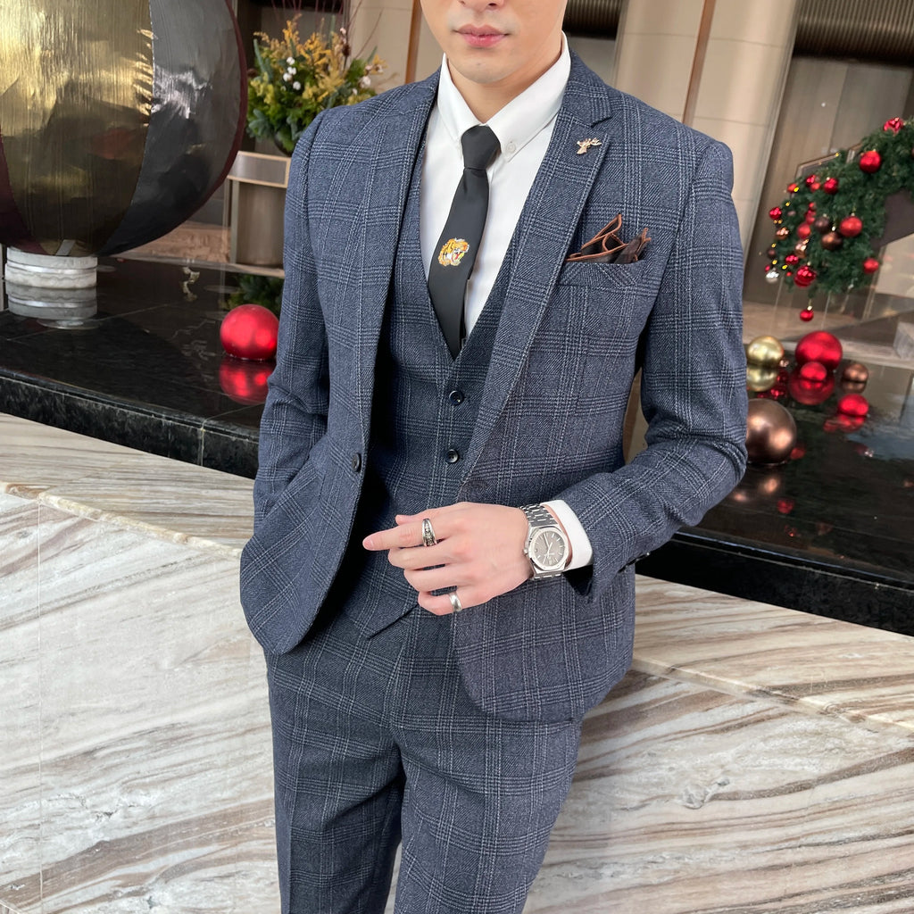 Men’s Modified Plaid Three-Piece Suit – Slim Fit England Style Vest & Trousers Set