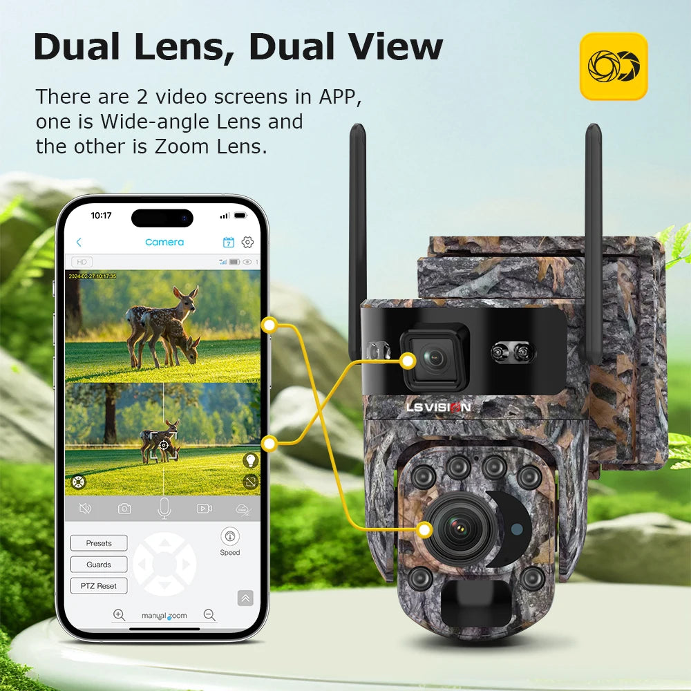 LS VISION Dual Lens Solar Security Camera – 4K WiFi/4G Wireless Outdoor Camera with Auto Tracking, 60X Zoom & Night Vision