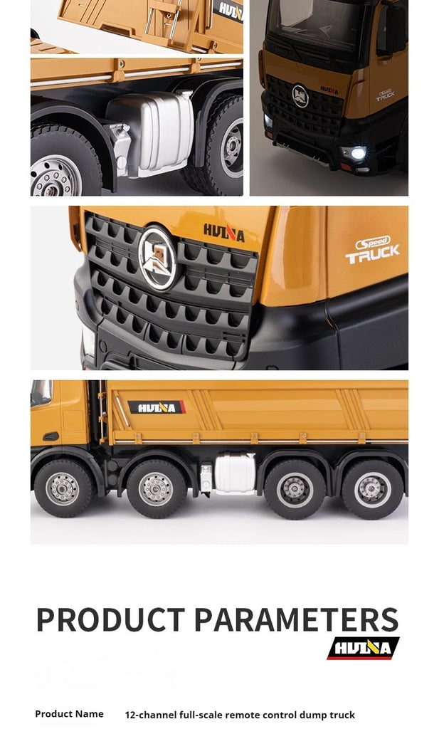 536 12-Channel 1:14 Alloy Remote Control 8-Wheel Heavy-Duty Engineering Dump Truck Toy with Lights