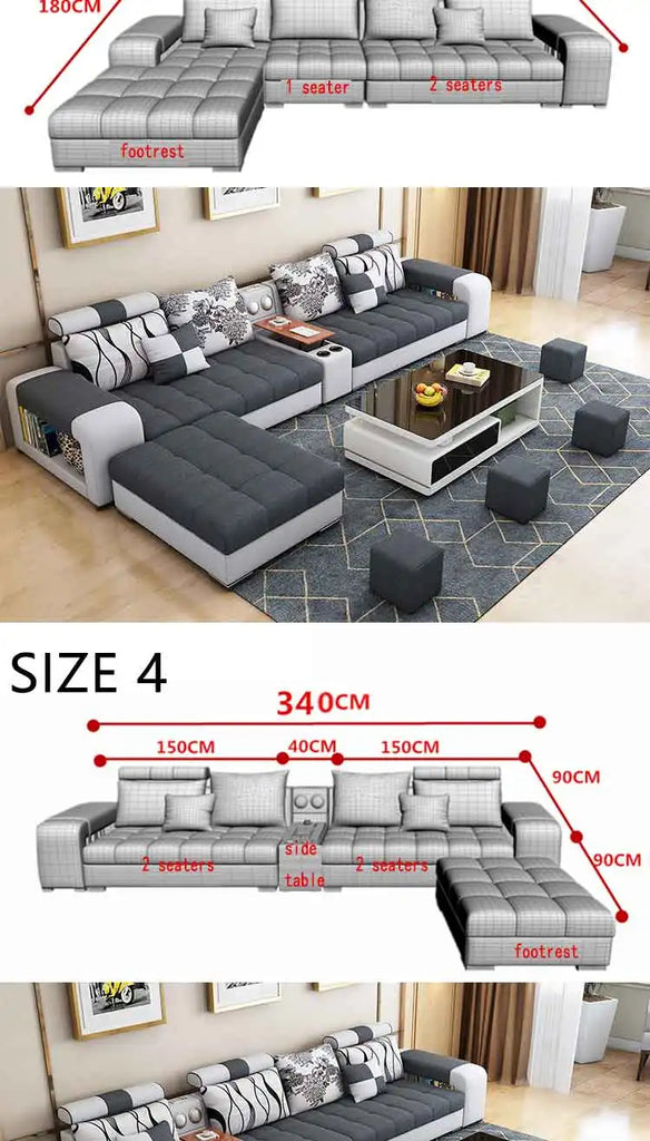 Modern U-Shaped Fabric Sofa Set with USB & Stools – Living Room Couch, Customizable Colors