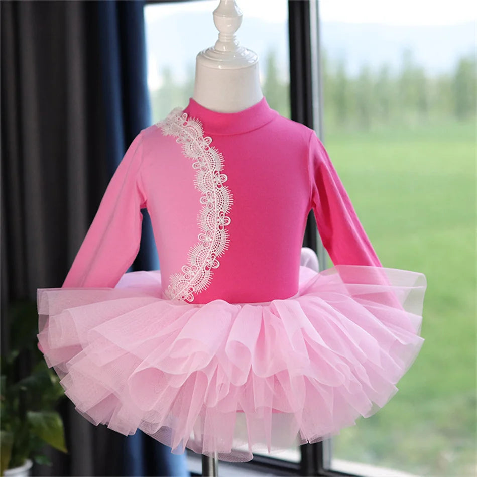 Girls Long Sleeve Ballet Dress Kids Ballet Leotard Tutu Skirt Gymnastics Dance Costume