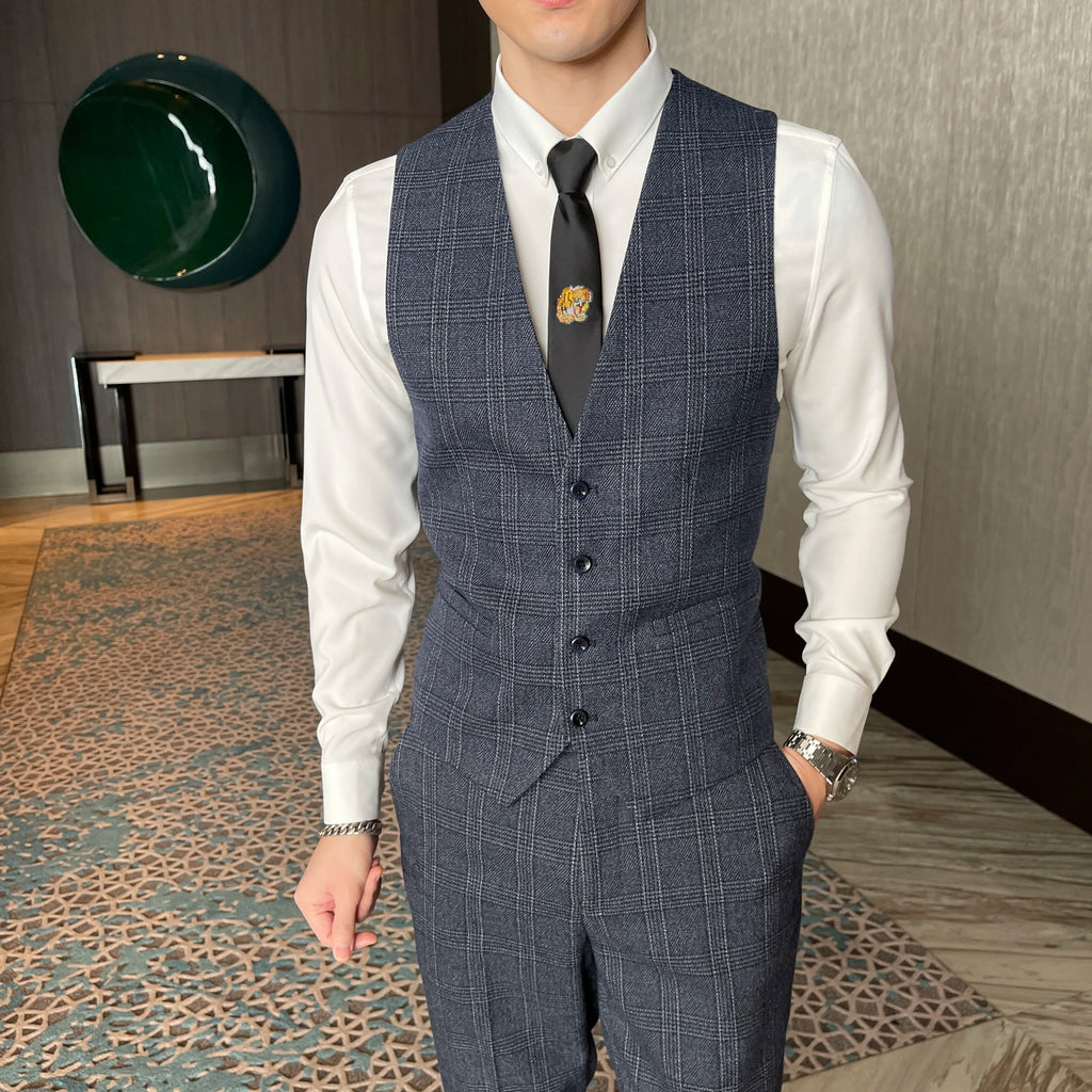 Men’s Modified Plaid Three-Piece Suit – Slim Fit England Style Vest & Trousers Set