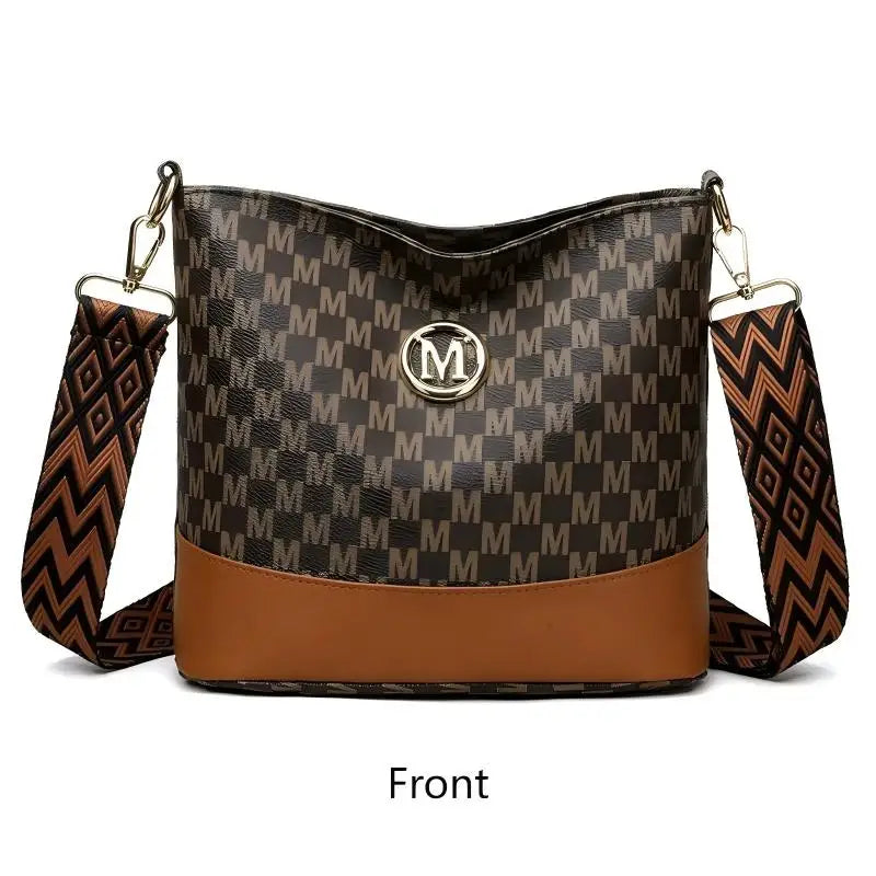 Retro M Letter Crossbody Handbag for Women – PU Leather Bucket Style Messenger Bag