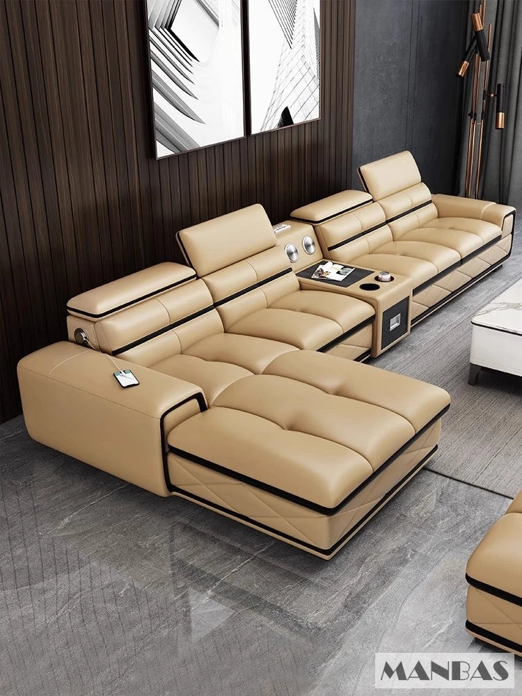 Modern Italian Genuine Leather Sectional Sofa with USB Charging & Bluetooth Speaker – MINGDIBAO Living Room Furniture